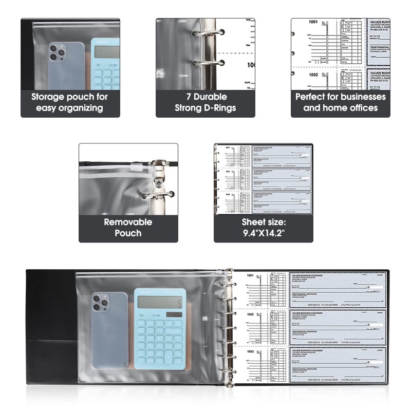 Pacific Mailer 7 Ring Business Check Book Binder, 600 Checks Capacity for 9" x 13" Sheets, PU Leather Checkbook Holder with Zip Pouch - Image 4